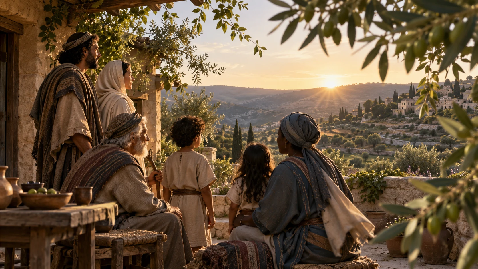Families rest under trees looking toward sunlit land; no bodily Yahweh or Spirit is depicted.
