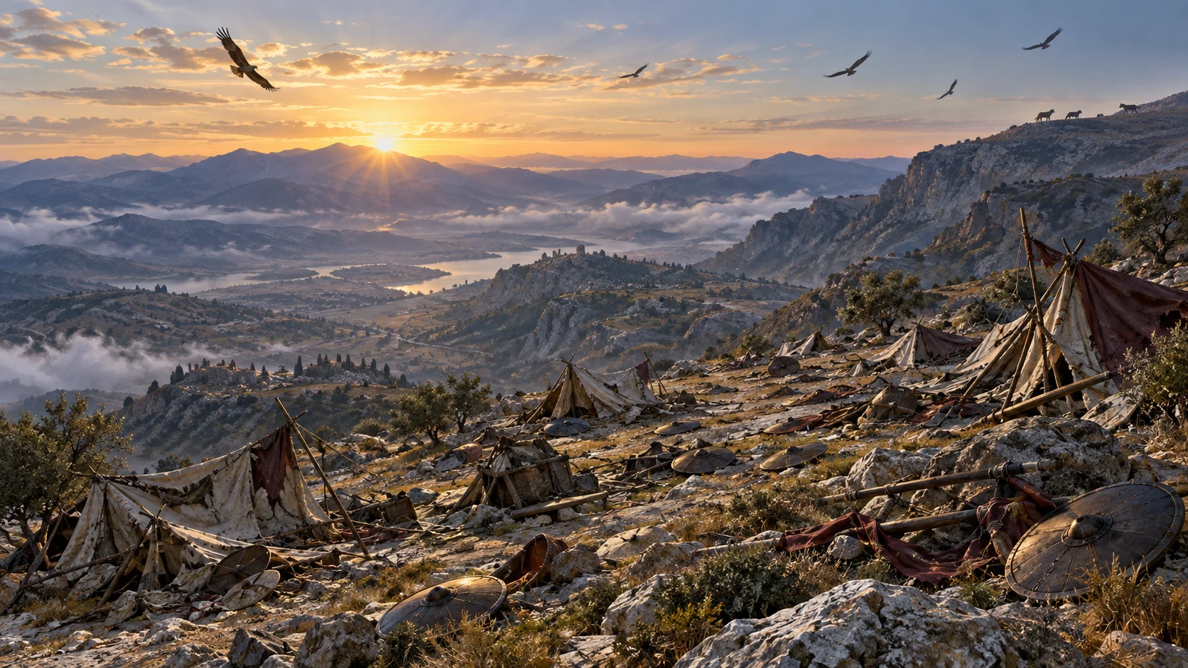 Quiet mountain slopes and scattered camp remnants beneath distant birds; no fallen bodies are shown.