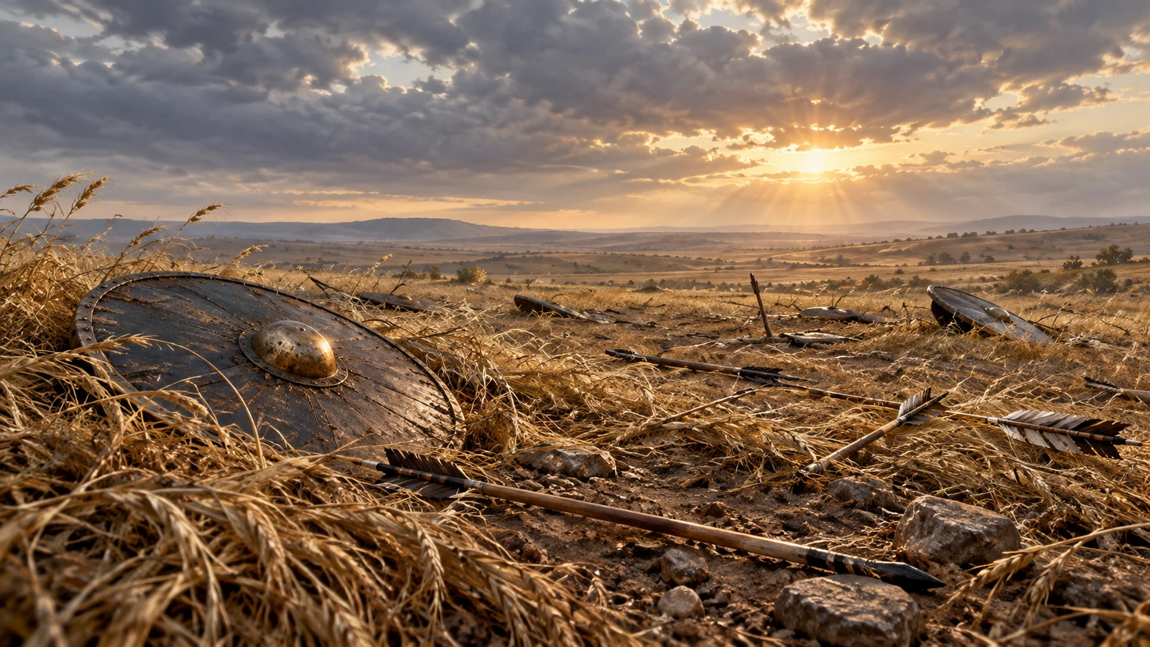 An empty open field at morning with a discarded shield and dry grass.