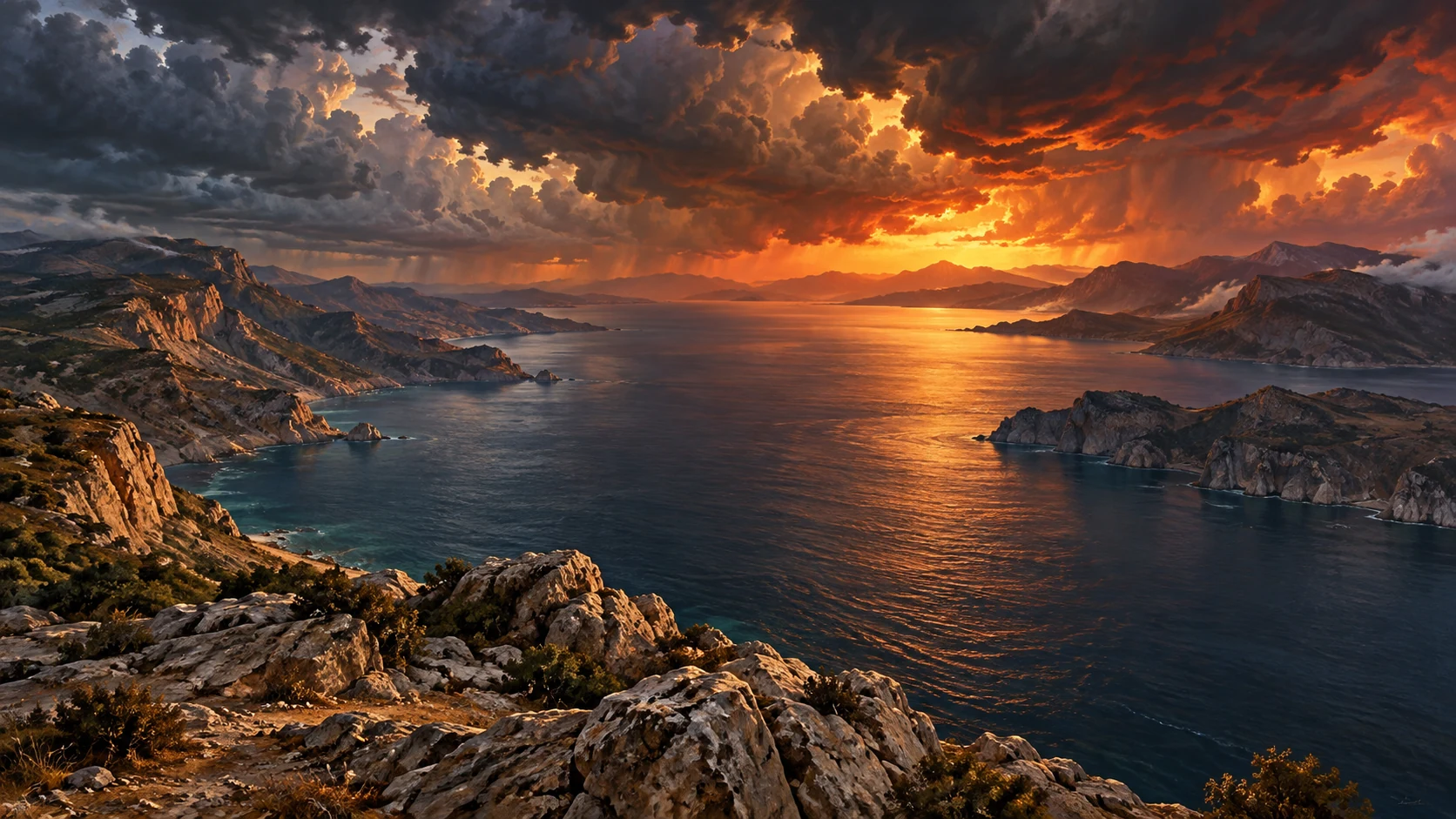 Distant coast and remote hills under a fiery sky, with no visible injured people or modern geography.