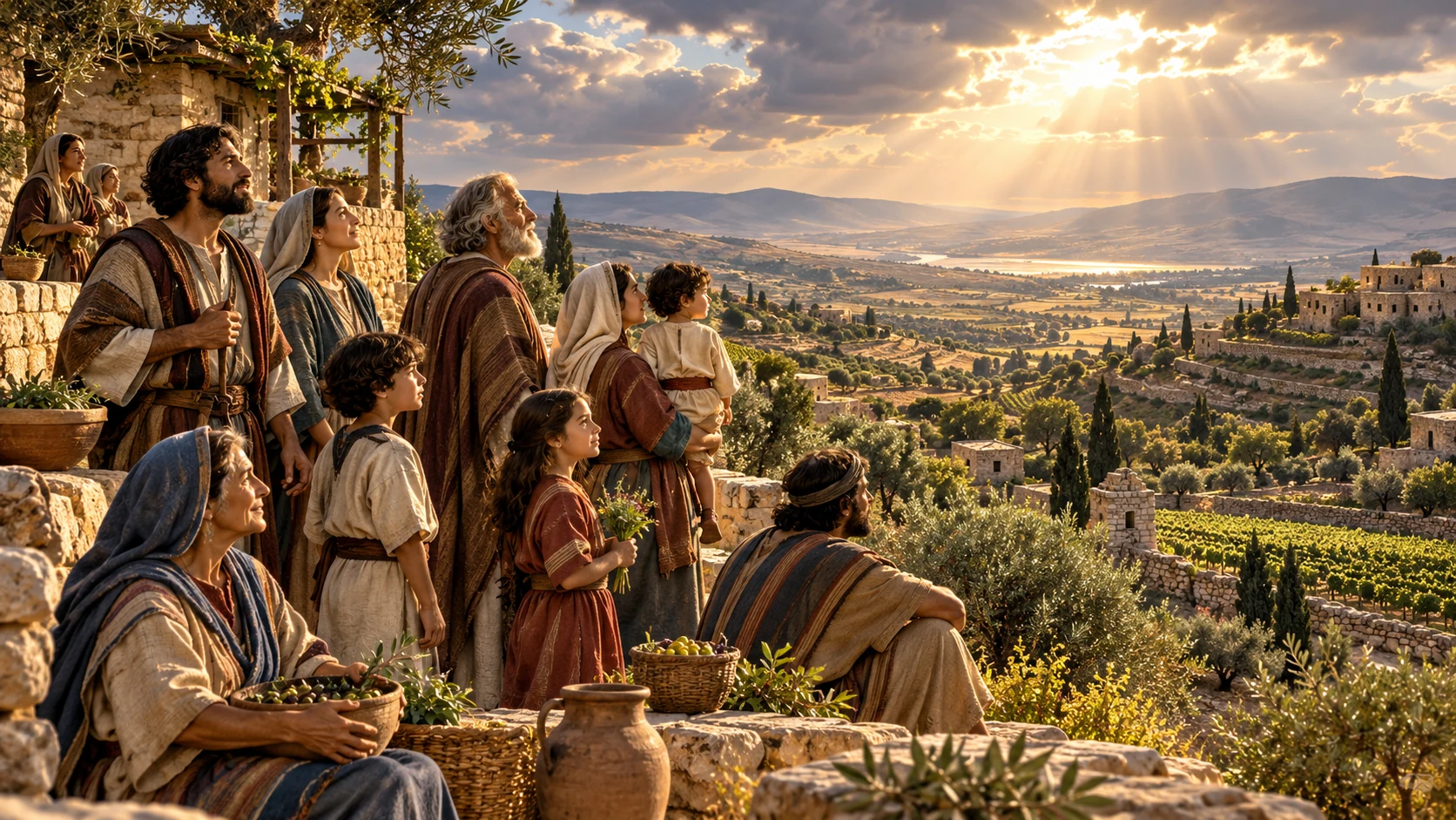 Families and elders look over restored land in sunlight, receiving the oracle without a visible deity.