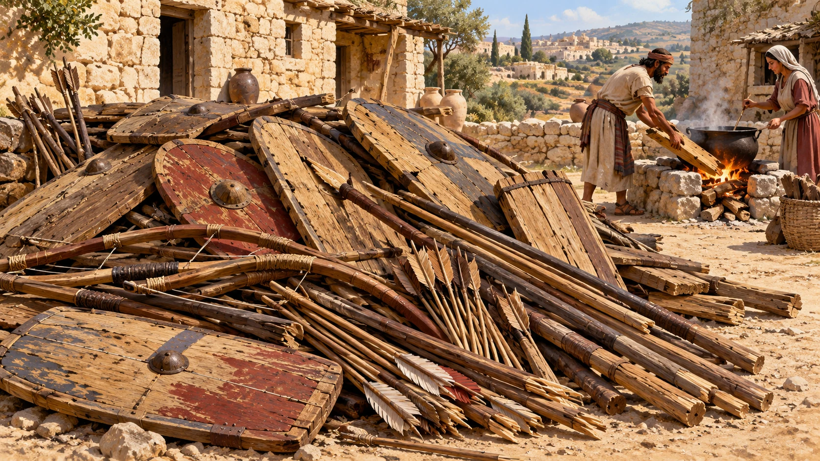 A woodpile of broken ancient shields, bows and spear shafts beside a small hearth.