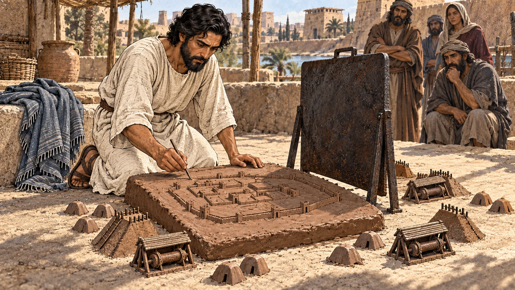 Ezekiel builds a miniature siege around a clay relief of Jerusalem with an iron barrier between.