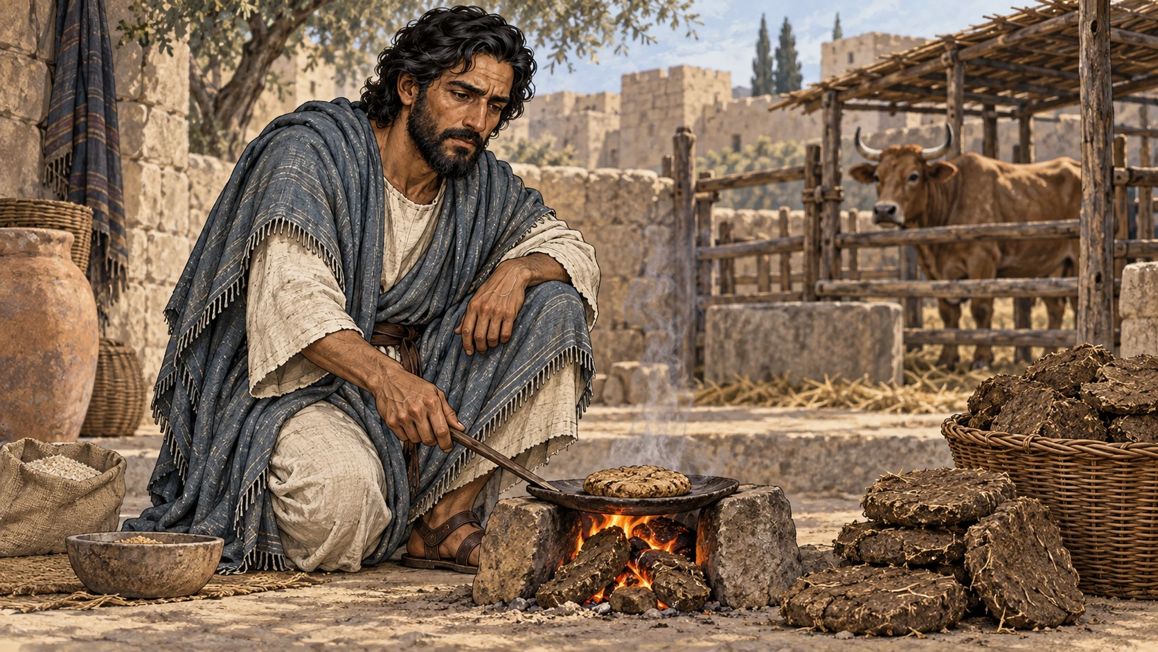 Ezekiel bakes the ration loaf over dried cattle-dung fuel after his protest is heard.