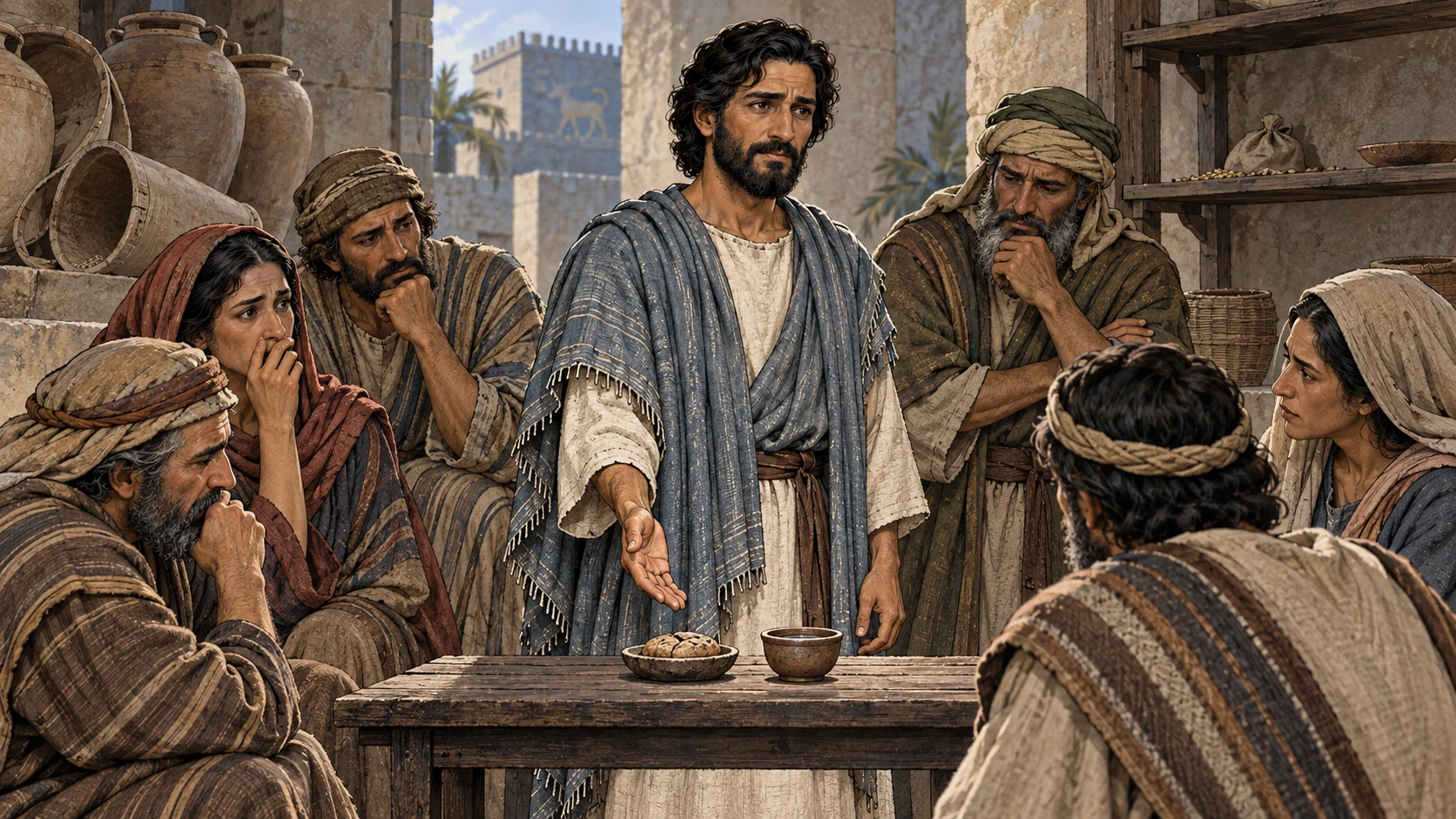 Ezekiel presents a tiny bread and water ration before worried but dignified exiles.