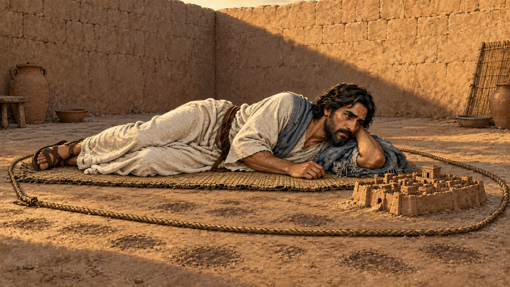 Ezekiel lies on his left side facing the clay siege model within a loose rope boundary.
