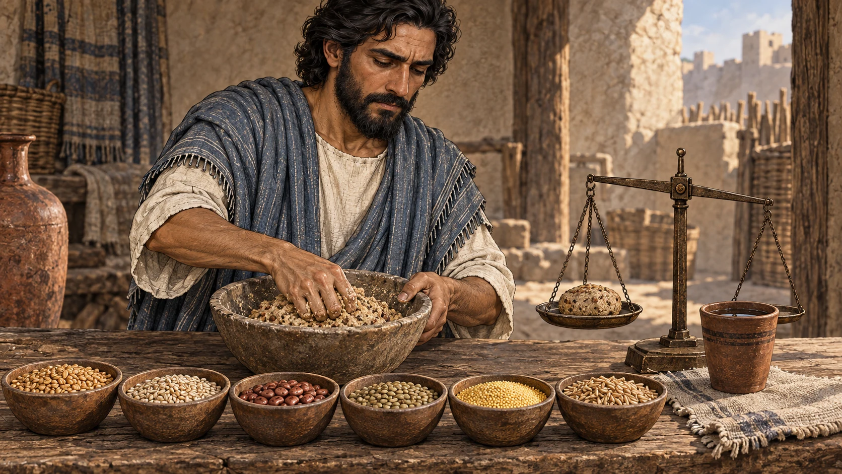 Ezekiel mixes six ingredients and weighs a tiny ration loaf beside a measured cup of water.