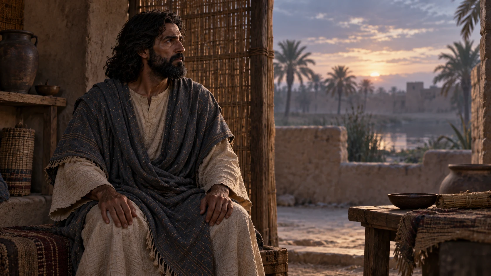 Ezekiel sits alert in a modest Babylonian exile courtyard at dawn beside a reed screen.
