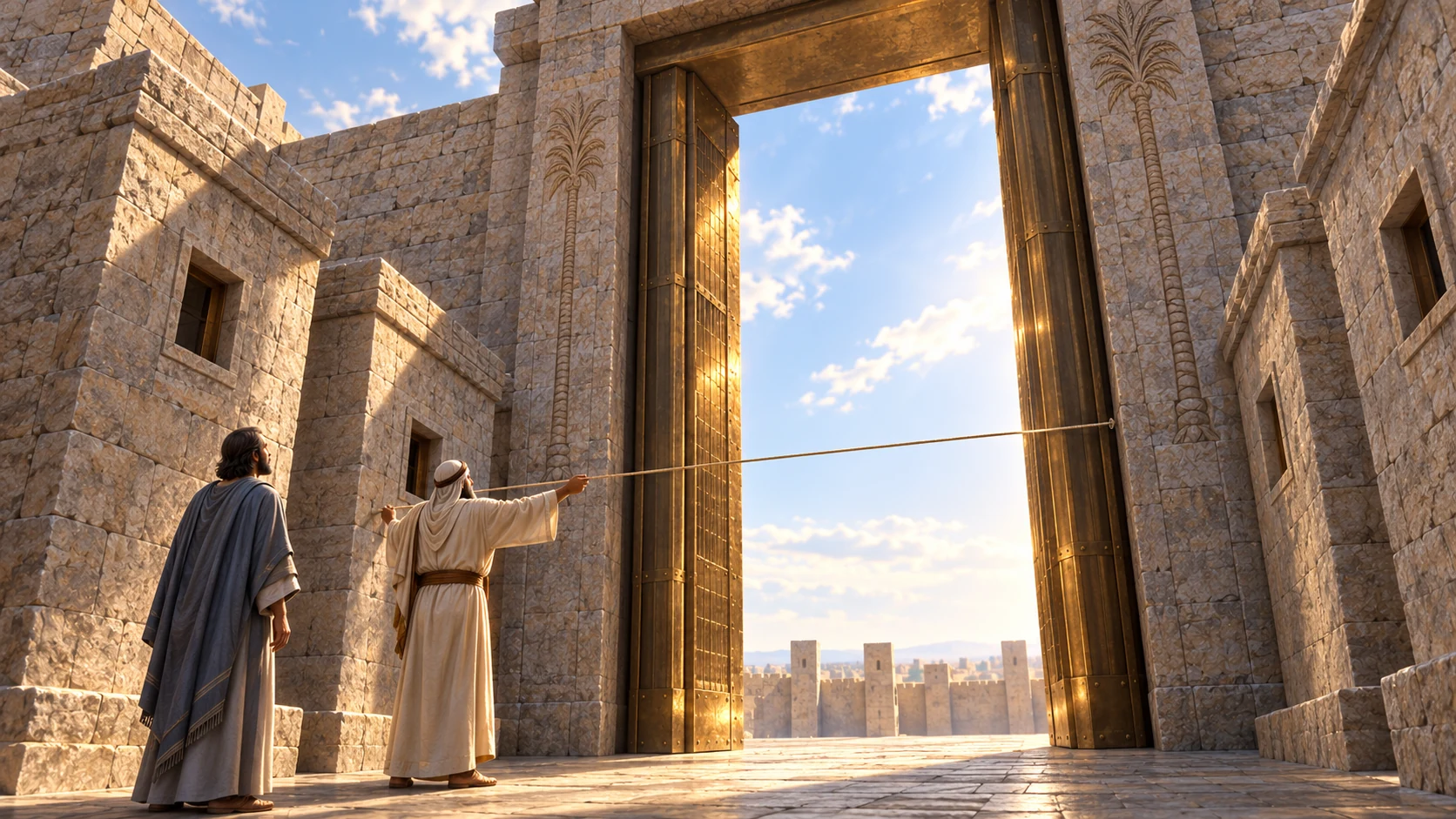 The guide stretches a cord across the east gate beneath recessed windows and palm-carved jambs.