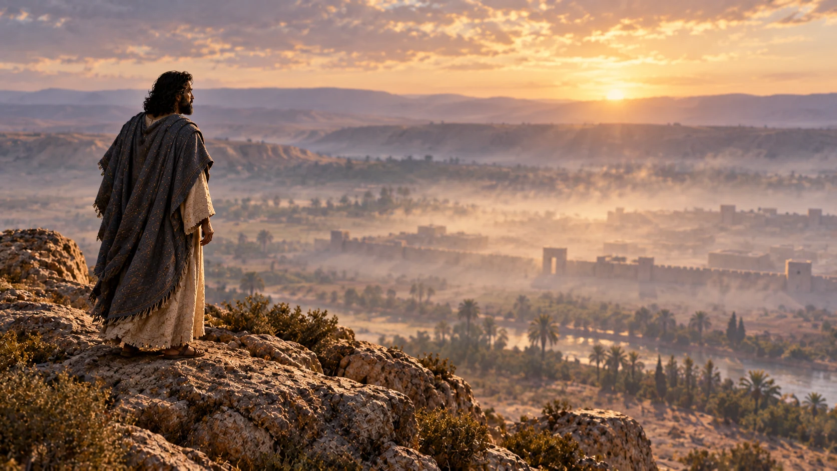 From a high mountain Ezekiel sees a hazy, citylike stone precinct in the visionary distance.