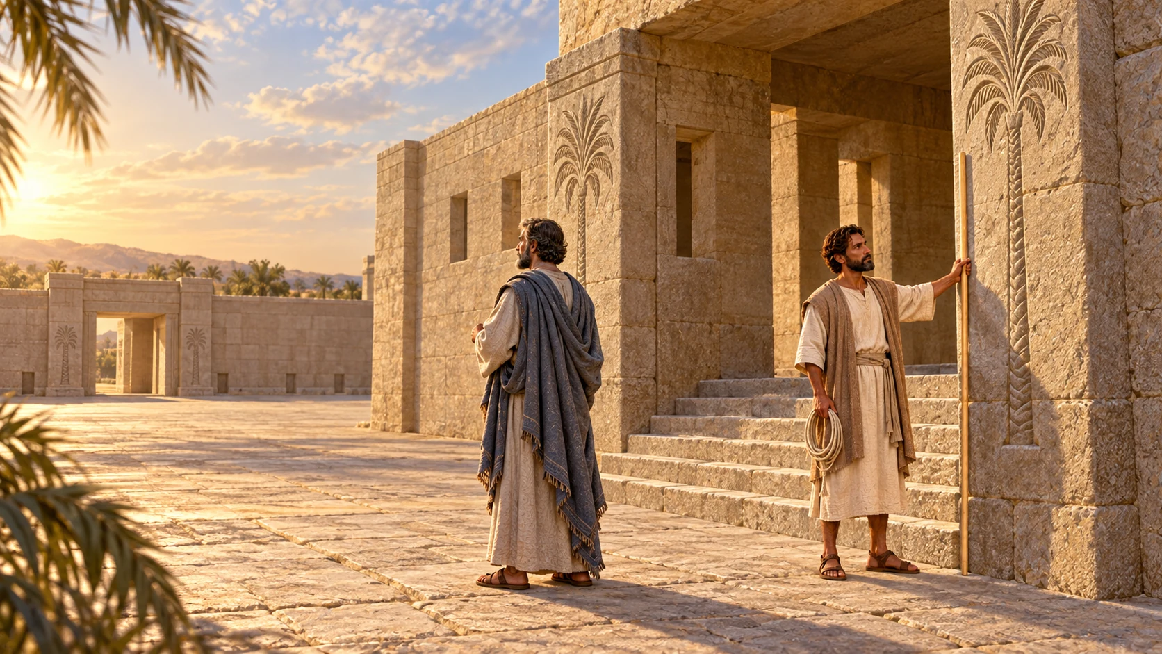 The guide measures a palm-carved side of the south outer gate while Ezekiel looks toward the opposing inner entrance.