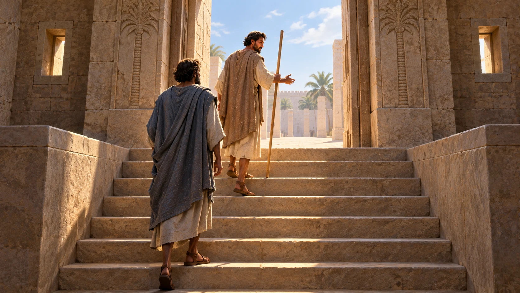 Ezekiel and the guide ascend the south inner gate, seen from behind through its palm-carved doorway.
