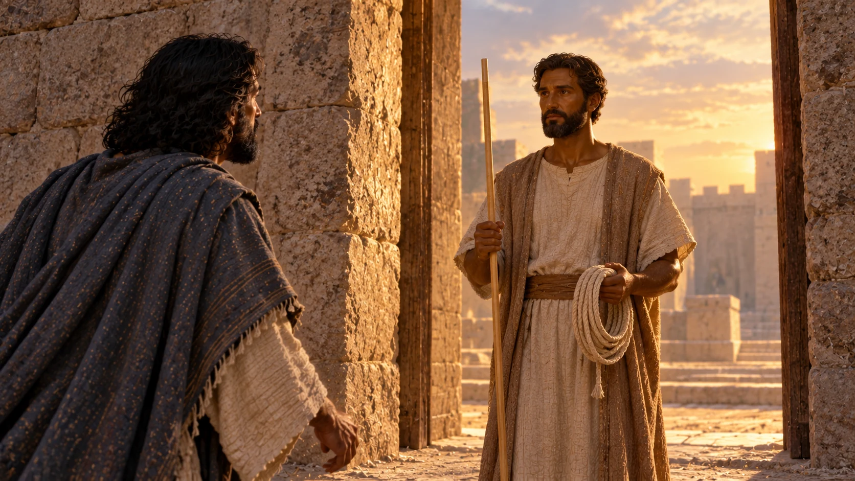 A naturally bronze-lit human guide stands in a plain gate holding a measuring reed and linen cord as Ezekiel approaches.