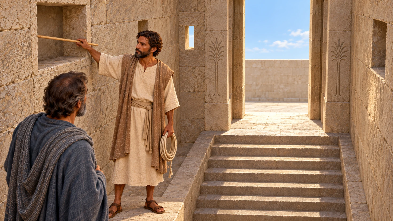 At the east inner gate the guide measures a side niche while Ezekiel watches beside a plain stone stair.