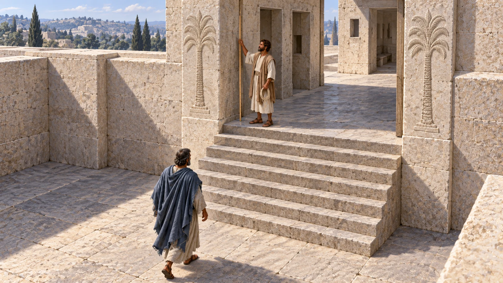 From a high angle Ezekiel approaches the north inner gate as the guide measures a palm-carved pillar.
