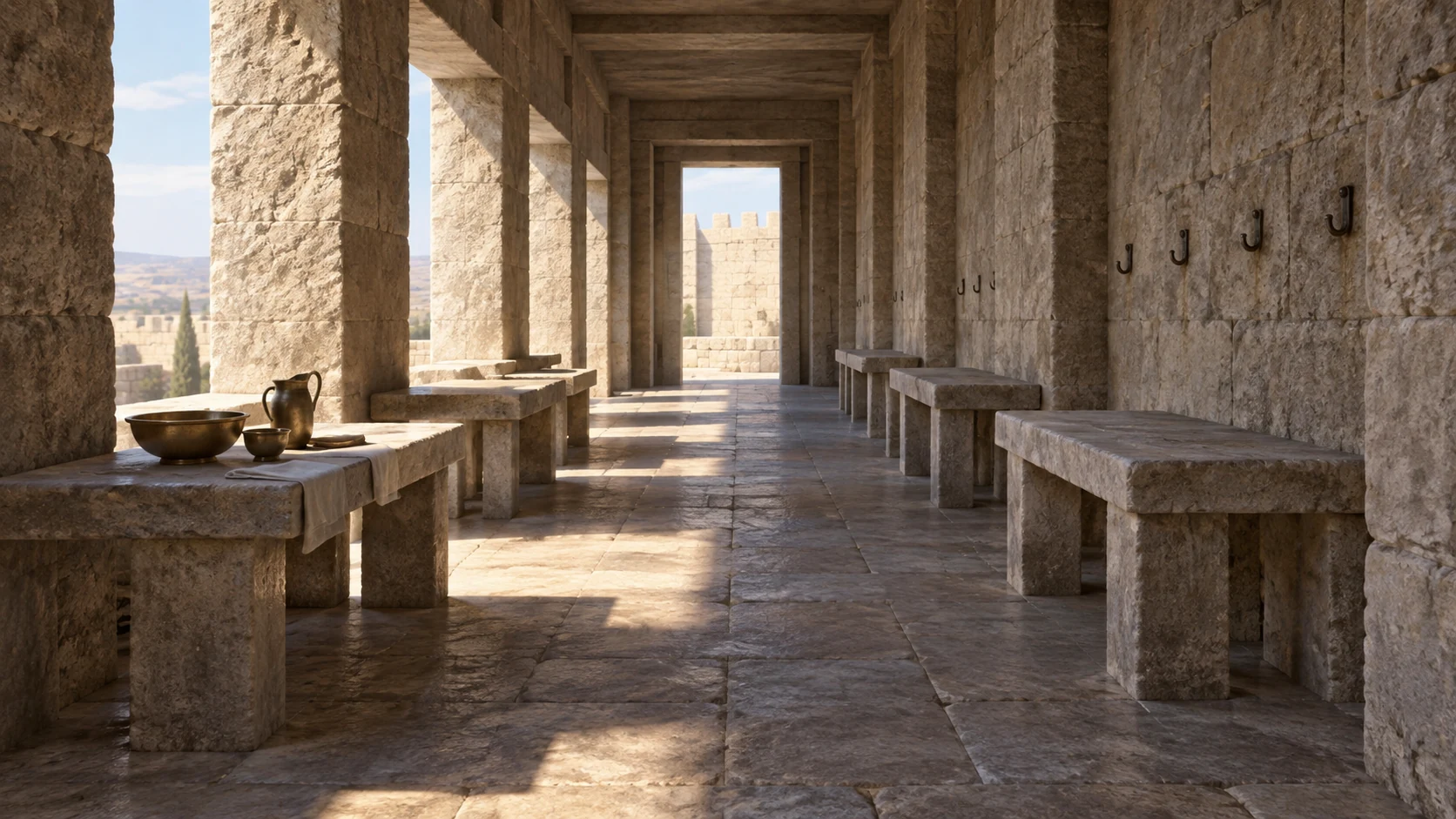Plain stone worktables line both sides of an empty portico, with small hooks on one wall.