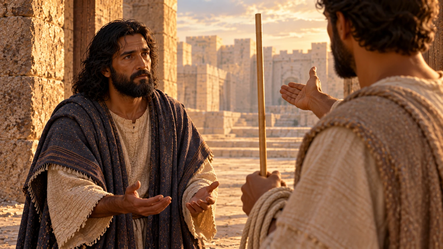 Ezekiel listens to the guide in the gate, seen over the guide’s shoulder and reed.