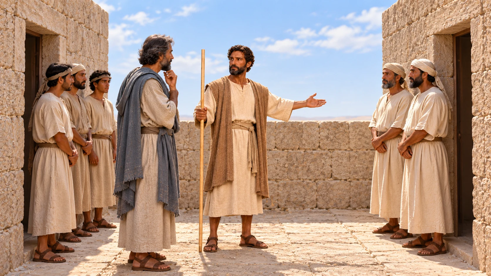 The guide indicates two opposing plain chambers to Ezekiel, with attendants near one and linen-clothed priests near the other.