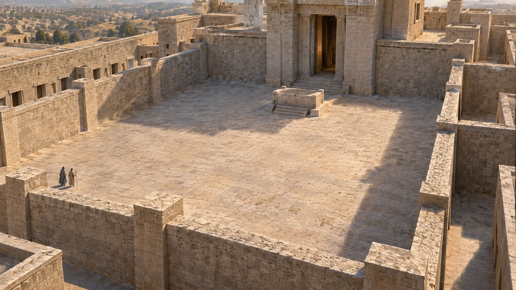 A high view shows a square inner court, modest altar before the house, and two tiny figures at a corner.