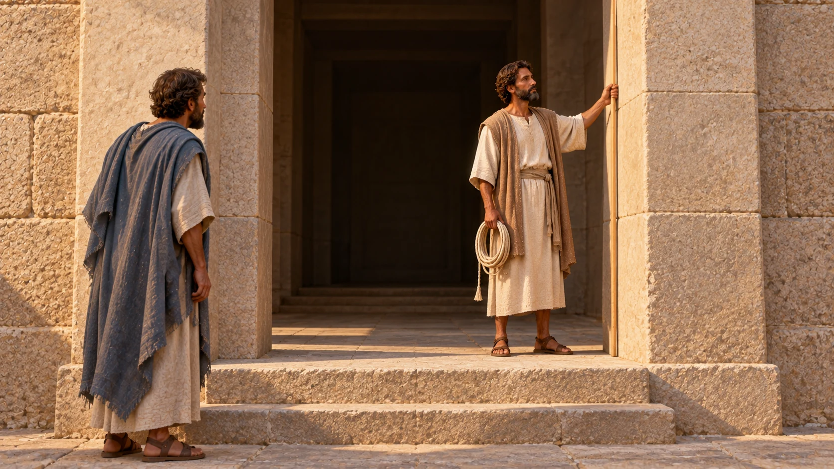 At the house vestibule the guide measures a squared jamb while Ezekiel waits by the opposite side and the inner space remains dark.