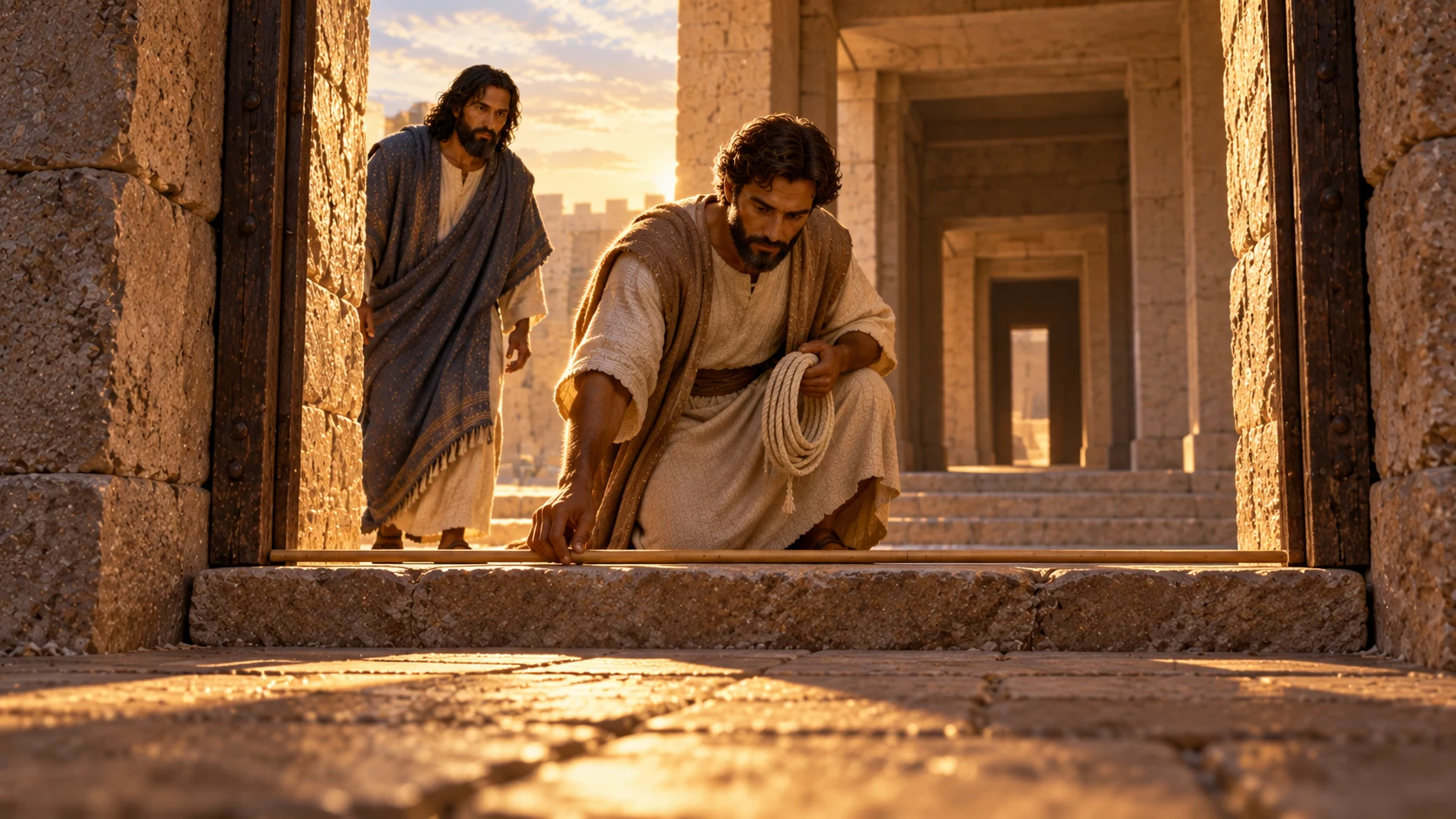 From floor level the guide measures an east-gate stone threshold as Ezekiel approaches the deeper portico.