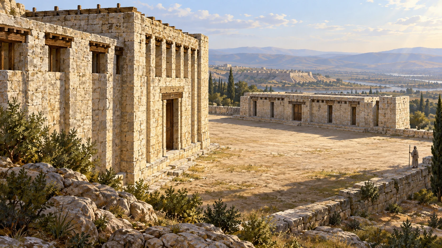 Wide westward oblique view showing a simple separate building beyond the clear area behind the main house, not a later historical temple claim.