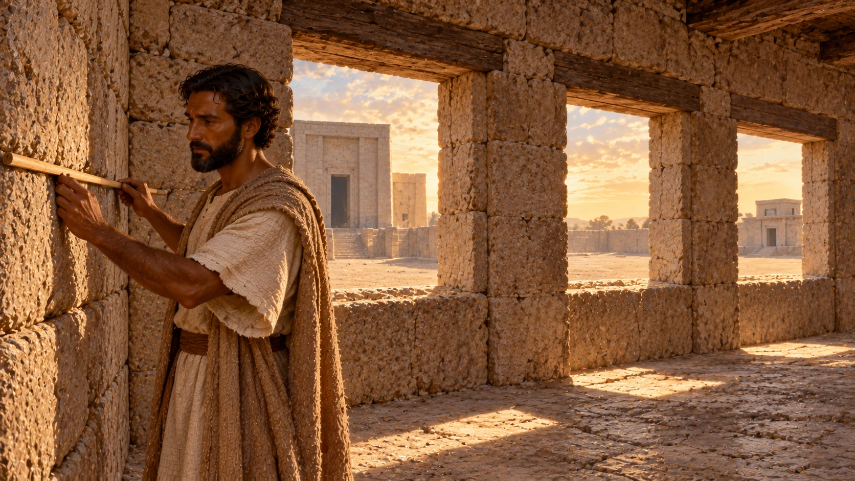 High but non-cartographic aerial of the temple, separate west building, east front and flanking galleries; reed in guide hand foreground, dimensions left to Scripture.