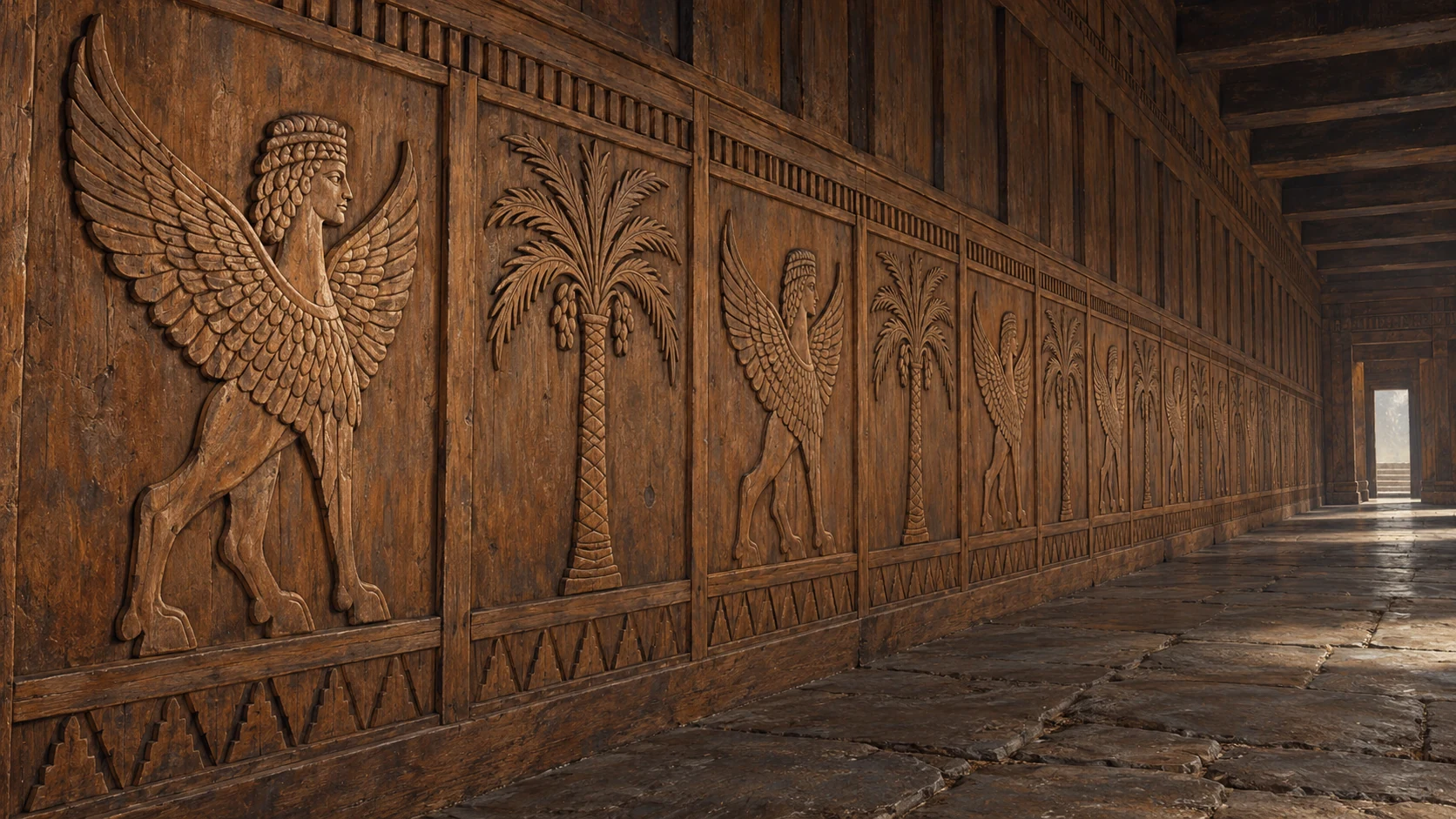 Side-on crafted relief of repeating palms and paired guardian forms; visibly carved wood, not live angelic figures.