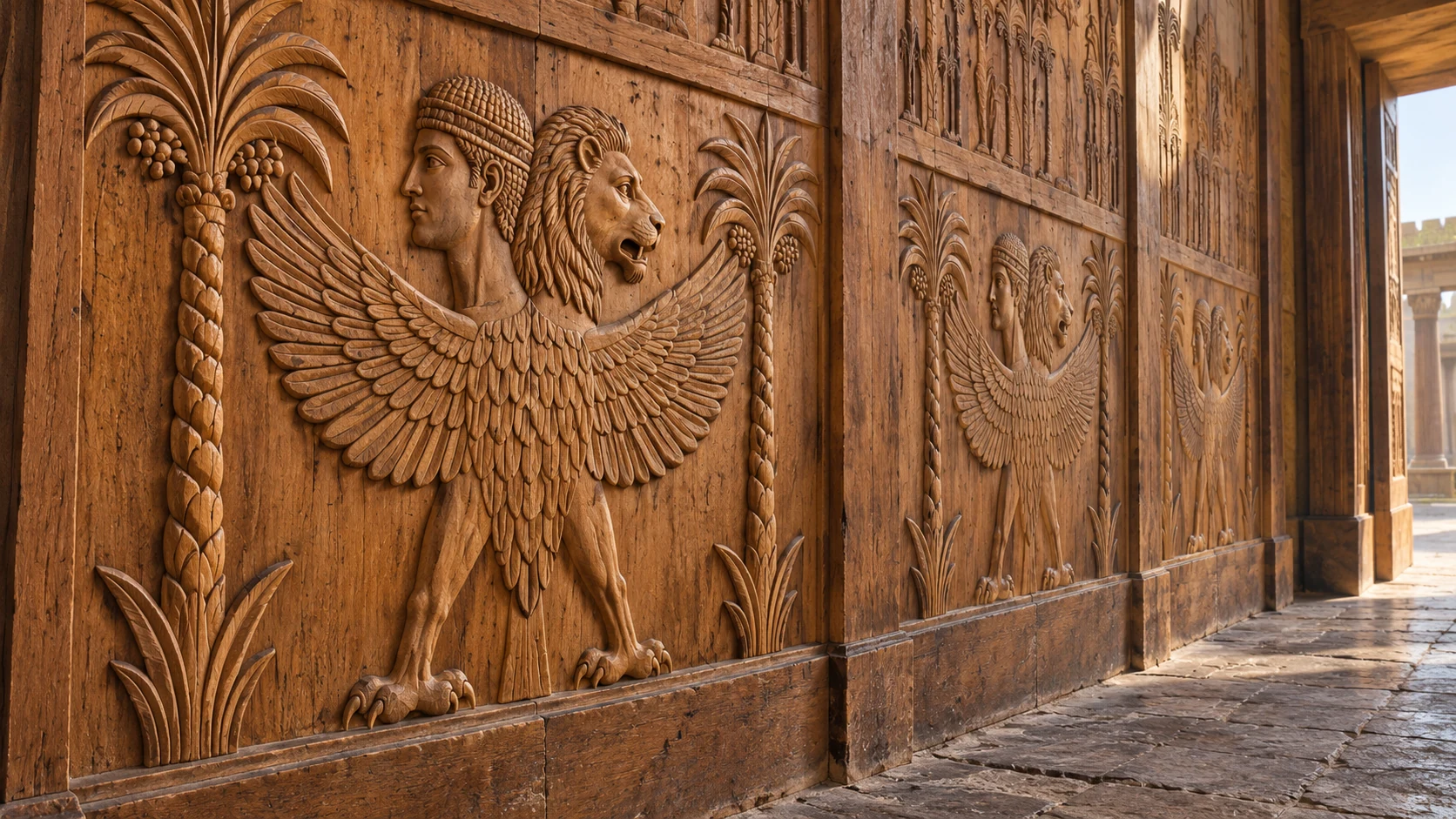 Close detail of one wooden two-faced relief: one human face and one young-lion face facing separate palm carvings, repeating vertically near nave entrance; avoid live creature.