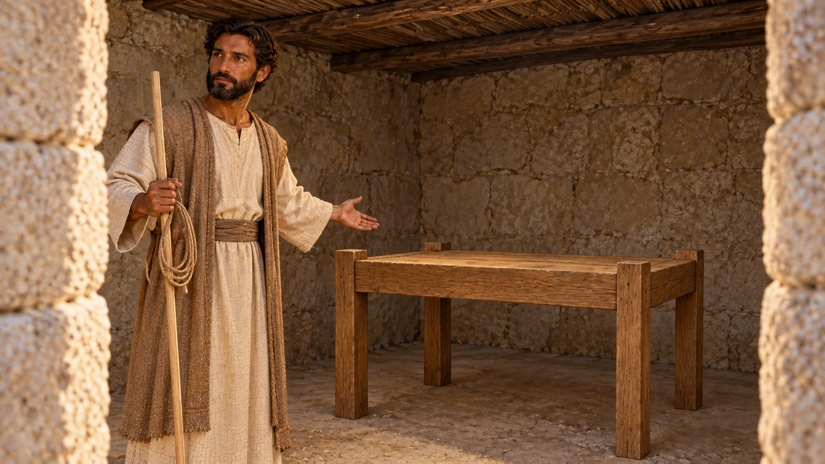 Human-eye interior view past a square doorframe to a modest all-wood altar-like table, guide gesturing toward it, no bodily deity or incense spectacle.