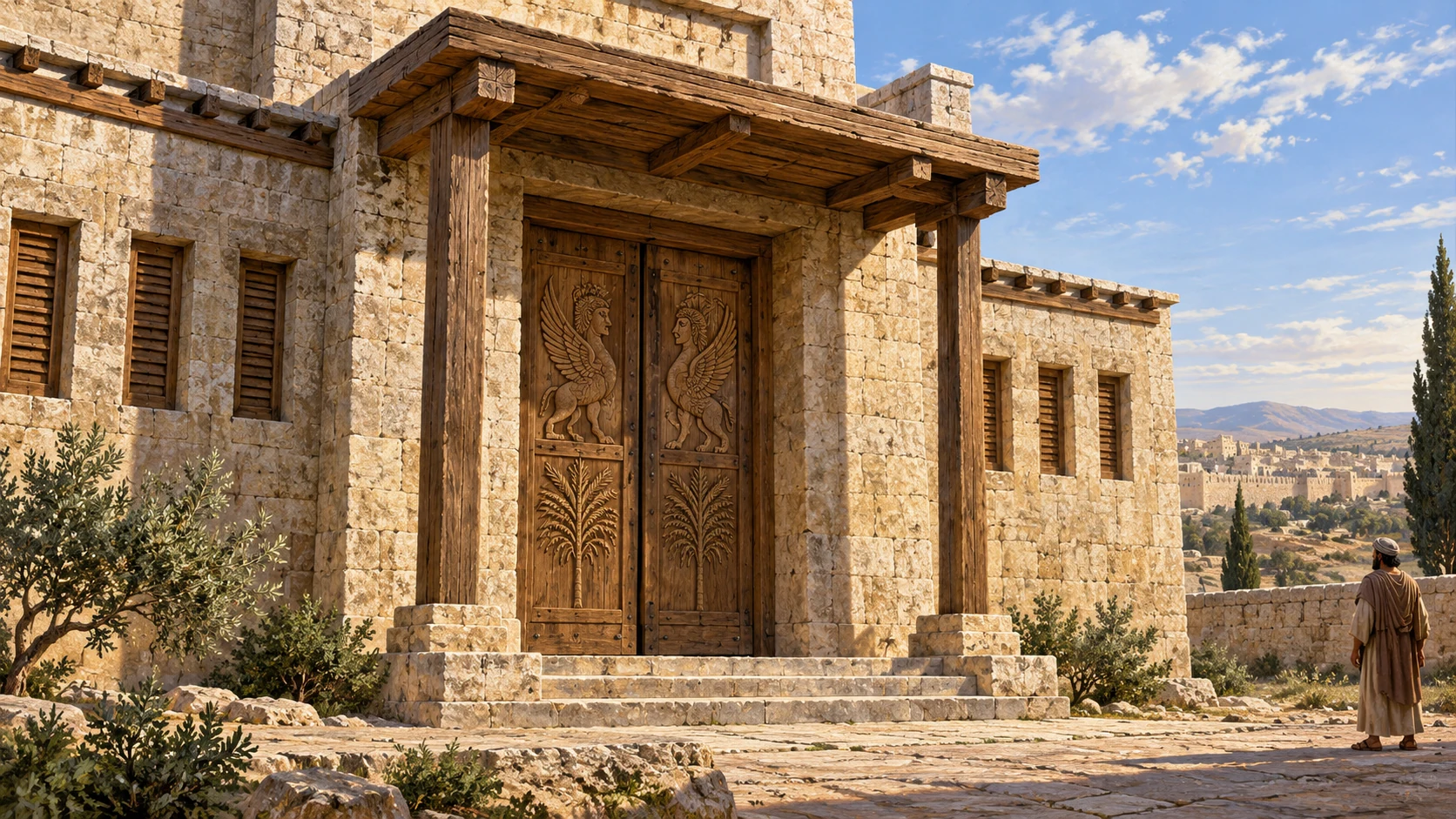 Exterior vestibule close-wide showing palm-and-cherub door carvings as woodwork, shuttered side windows and a simple wooden canopy, no false exact plan labels.