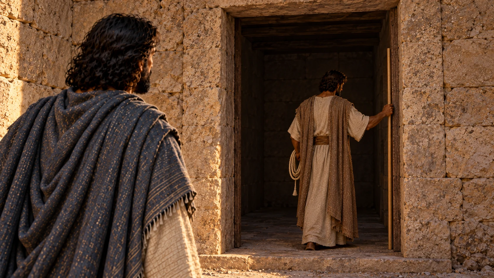 Ezekiel stays at the outer threshold while the guide alone enters a darker inner room with measuring reed; no ark, divine figure, glowing throne, or invented furnishings.
