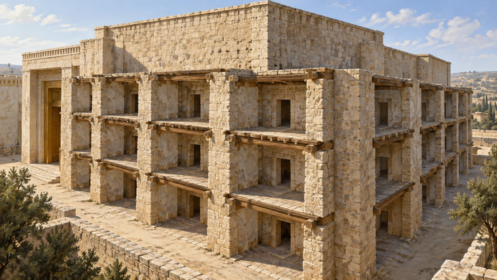 Oblique exterior cutaway-like viewpoint on low stone annex chambers wrapping a central temple wall in three tiers, with their structural supports distinct; impression not exact blueprint.