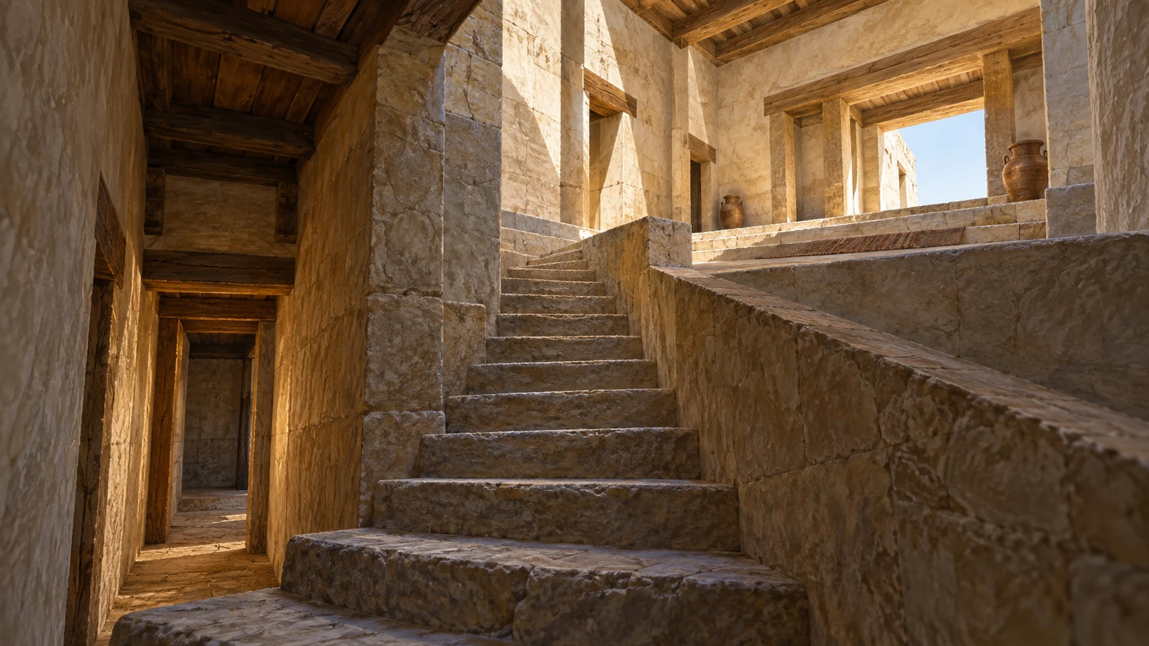 Low upward viewpoint along a modest interior stair and stacked side chambers whose upper level expands, showing changed vertical spatial relation.