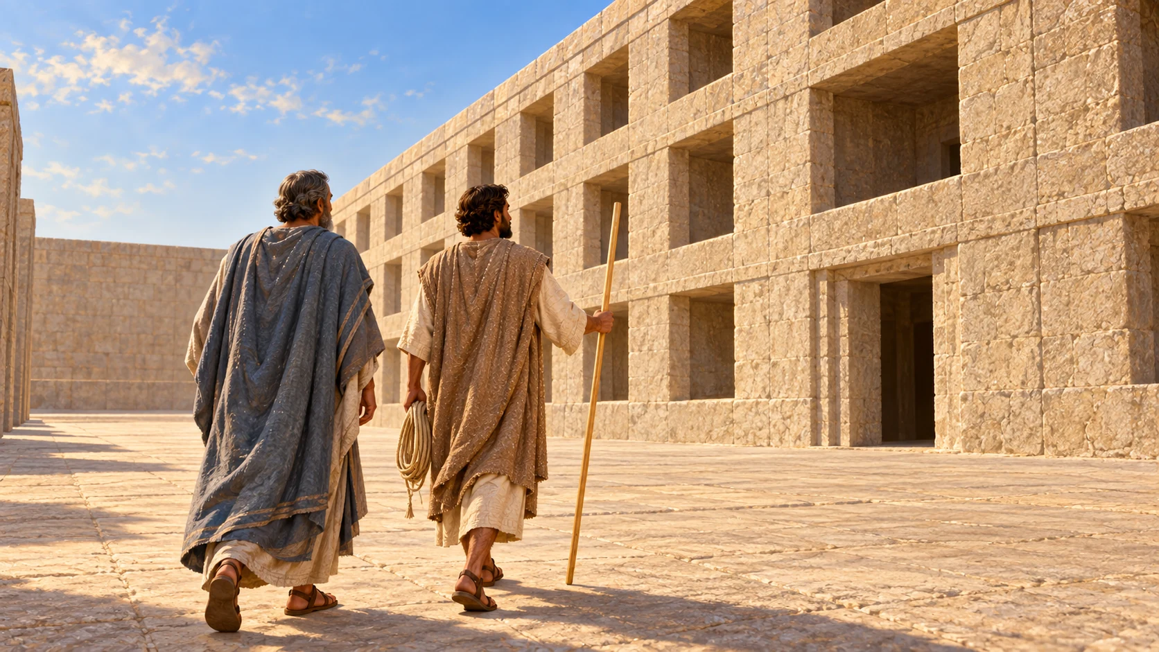 The guide and Ezekiel approach a long three-story north chamber block across the stone outer court.