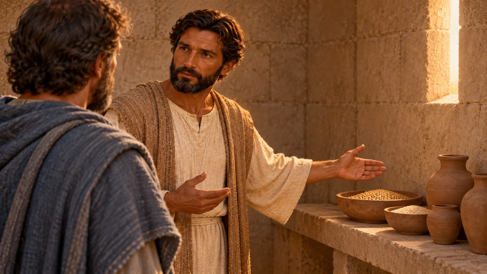 Inside a plain holy chamber the guide explains shelves with grain bowls and clay vessels to Ezekiel.