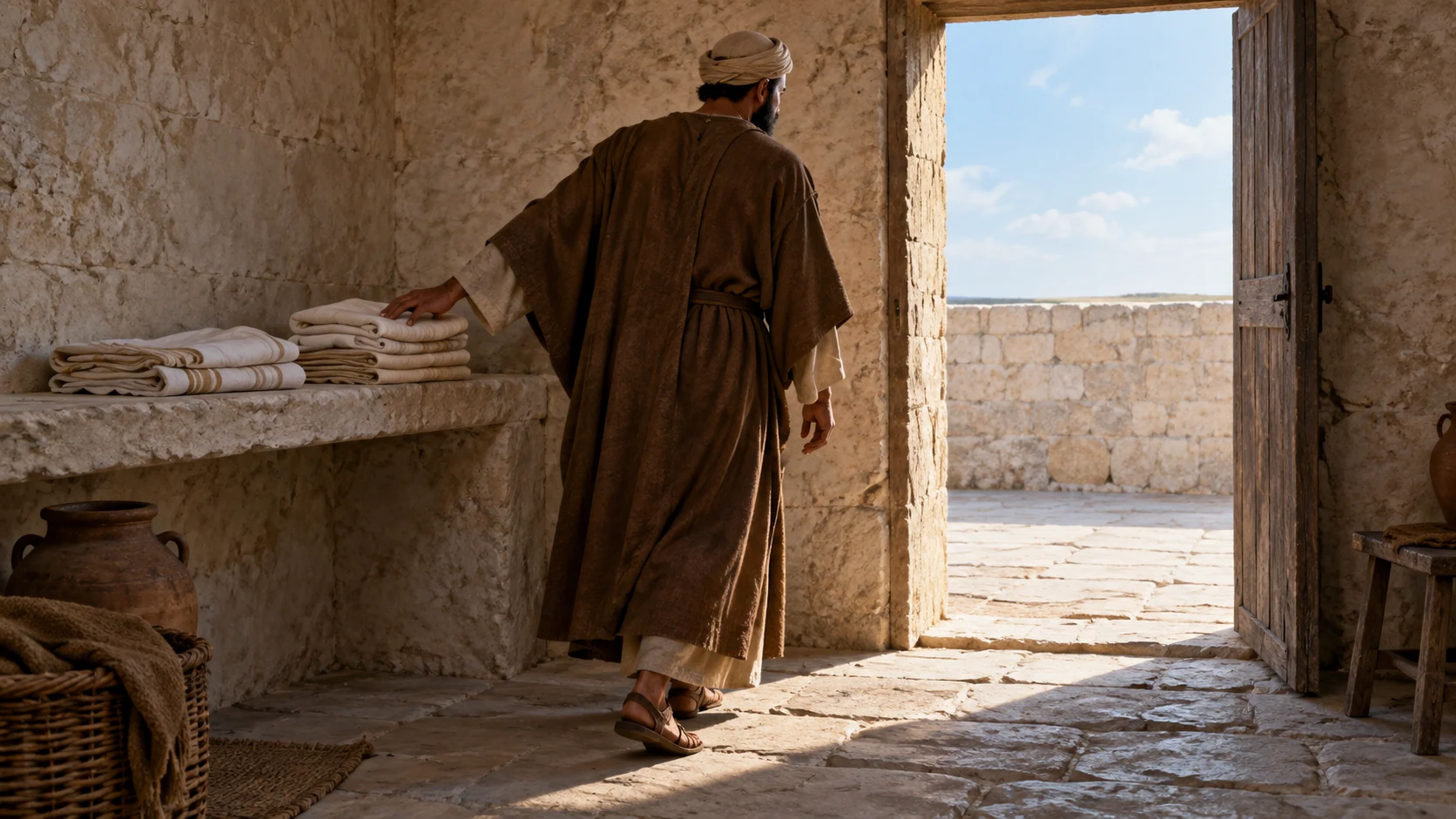 A fully clothed priest in a brown outer garment leaves folded pale ministry linens on a chamber shelf.