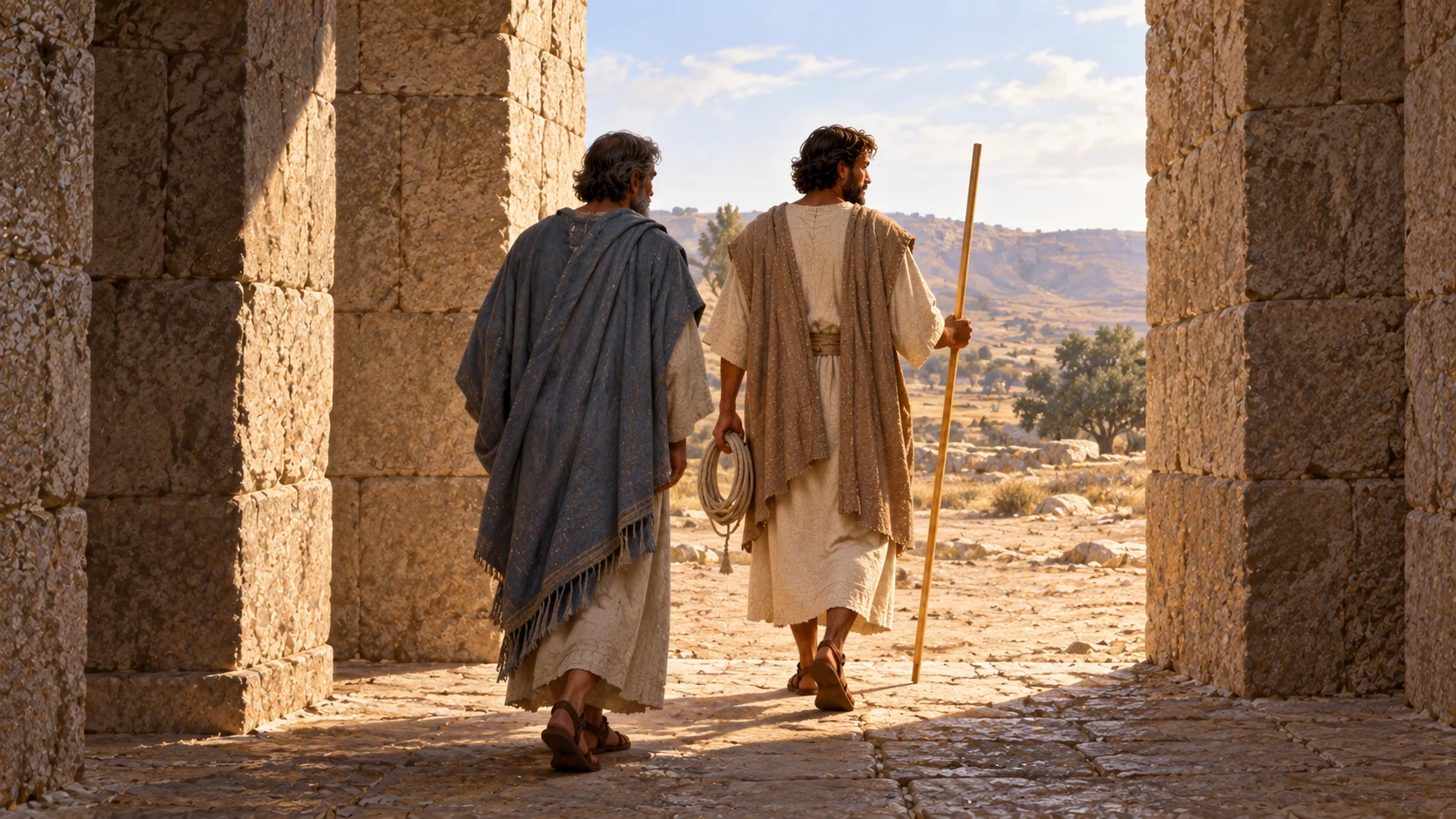 The guide and Ezekiel walk out through an east-facing plain stone gate toward open land.