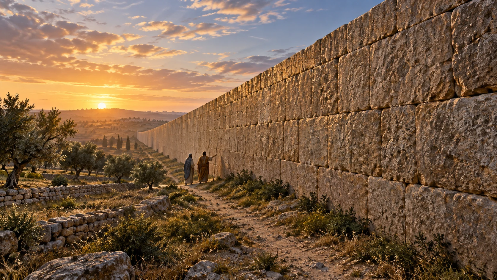 Beside a long rough-stone boundary wall the guide and Ezekiel stand on ordinary olive-terrace land at dawn.
