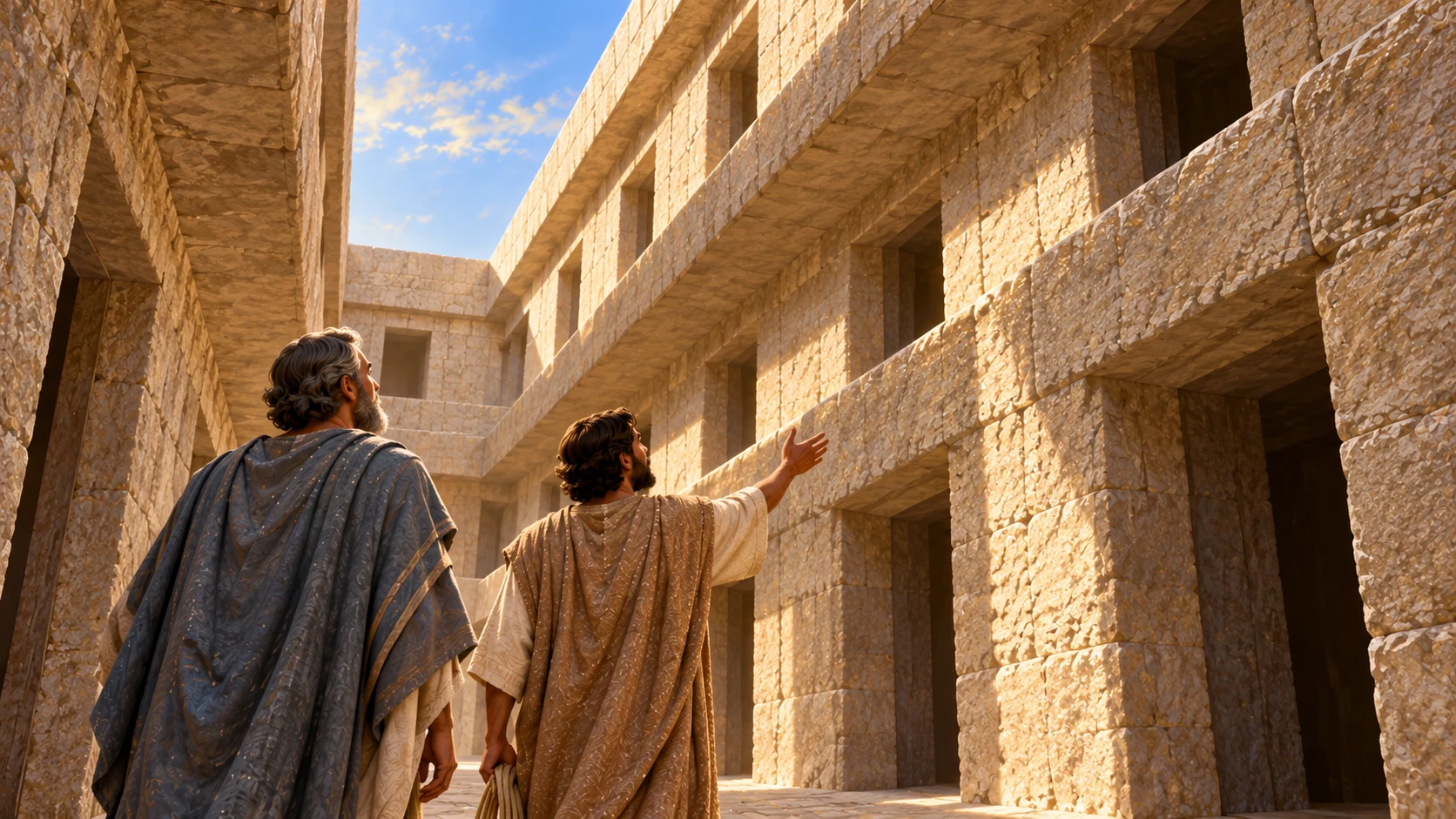 From a low walkway Ezekiel looks up at facing third-story galleries and repeating chamber openings.