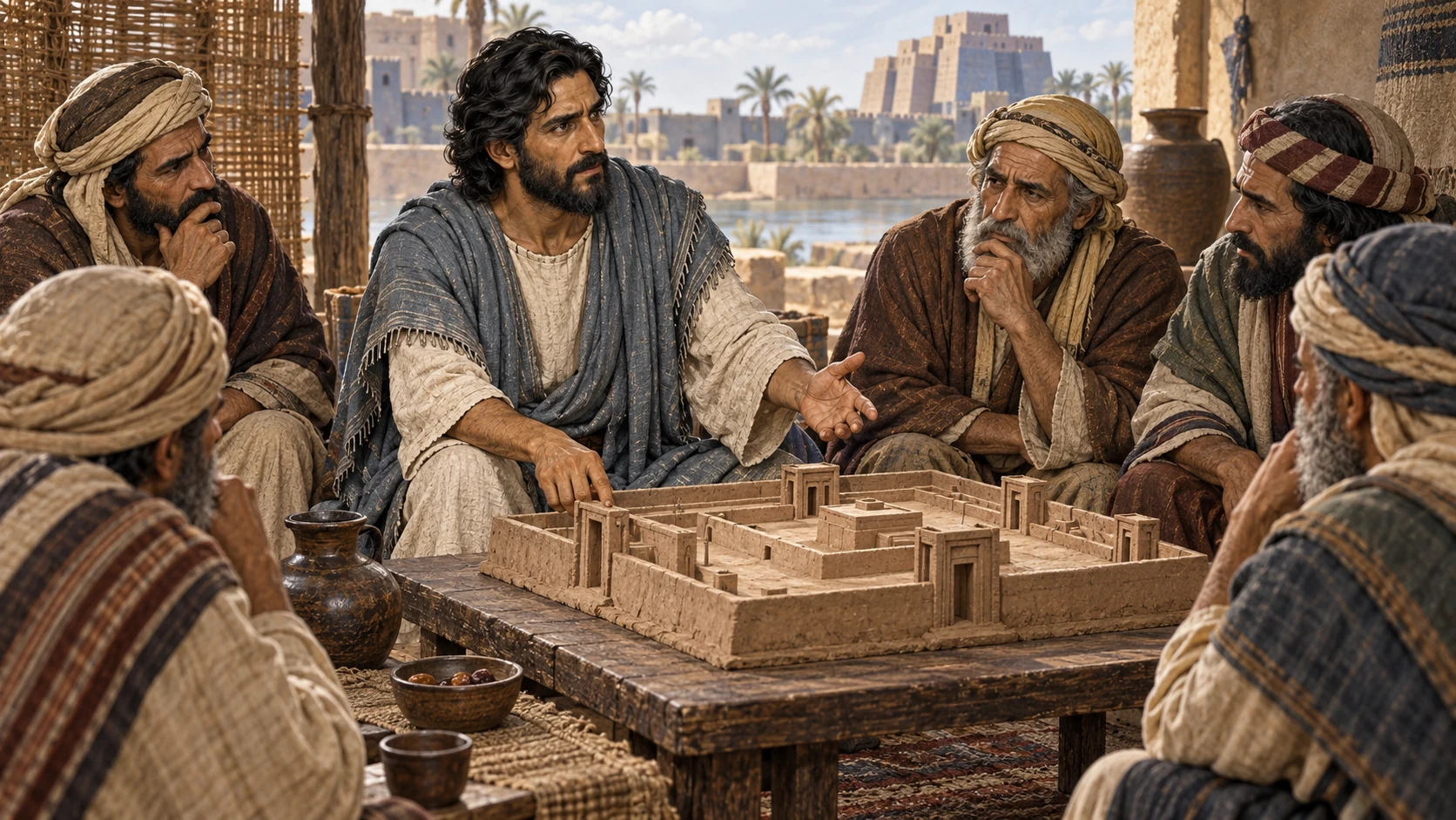 Ezekiel speaks among exiles beside an unlettered clay relief model of the visionary house, urging attention; precise measurements remain in Scripture.