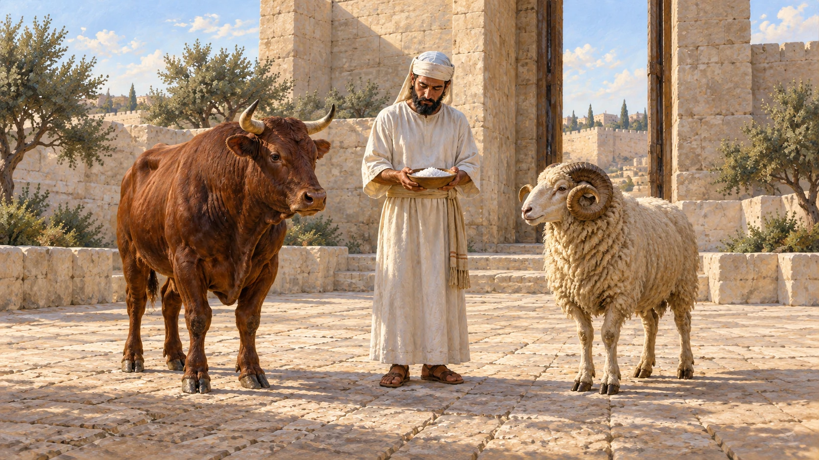 Object-and-animal scene: living healthy bull and ram standing calmly near bowls of salt and priests; no fire, slaughter or misleading feast.