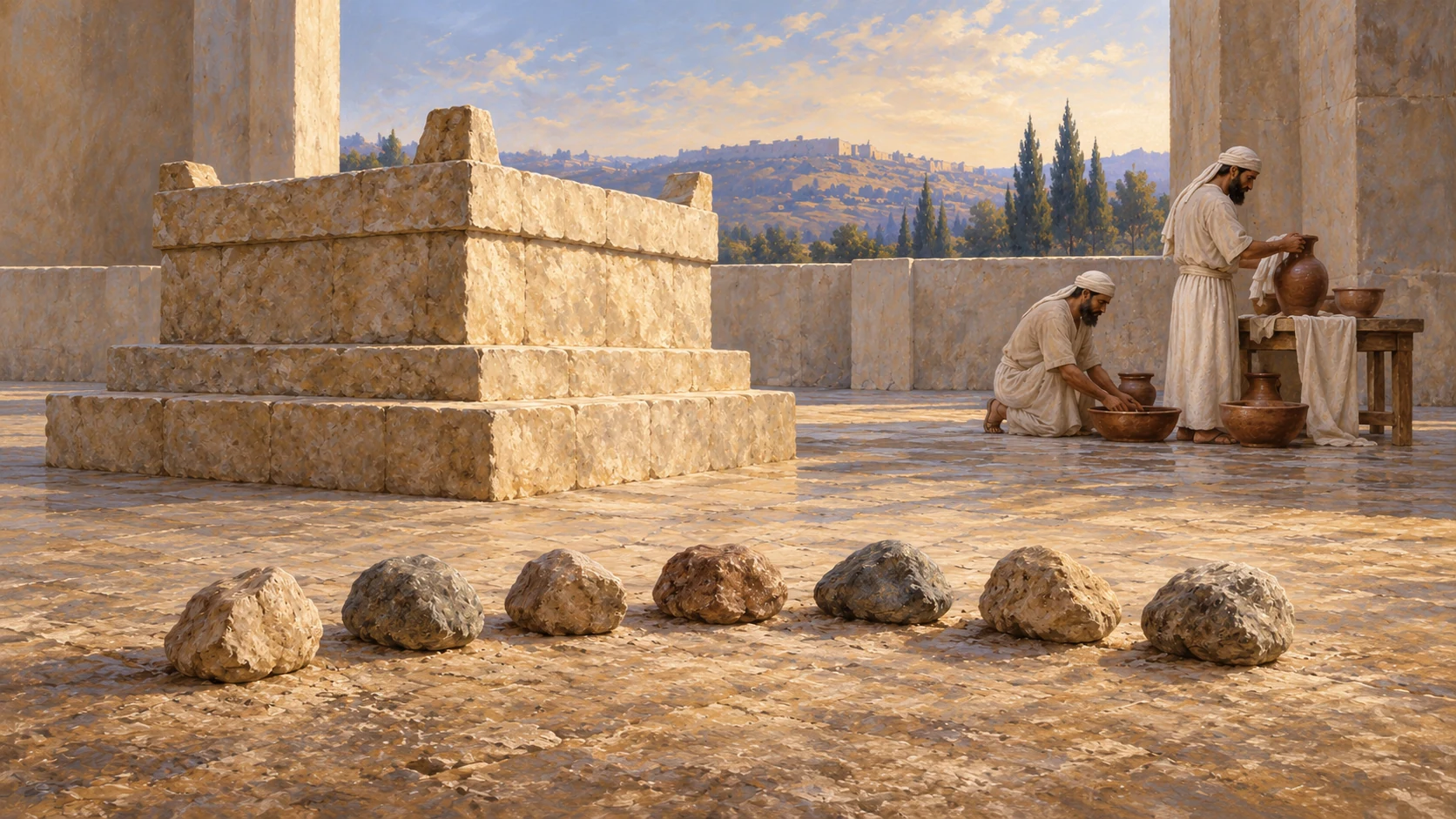 Seven simple unlettered day-stones arranged beside a clean altar while priests prepare plain vessels, a disclosed visual essay not a literal calendar.