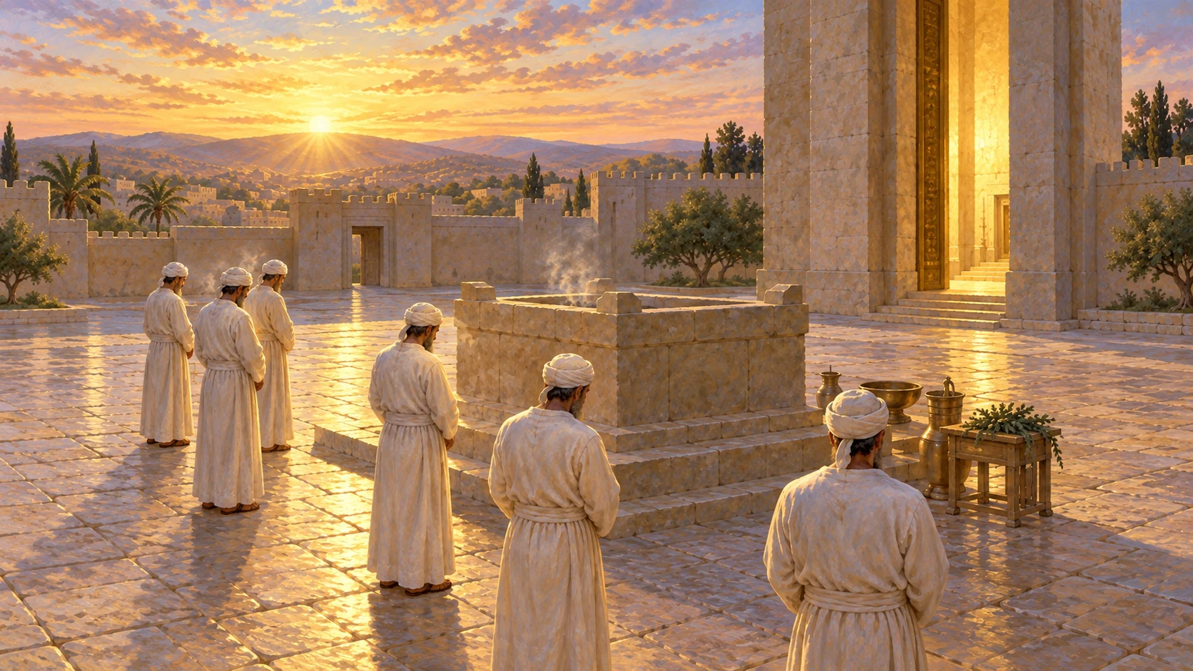Fresh morning at altar after the cycle, priests stand in respectful stillness while the inner court brightens naturally; no visible deity, bodies or triumphal spectacle.