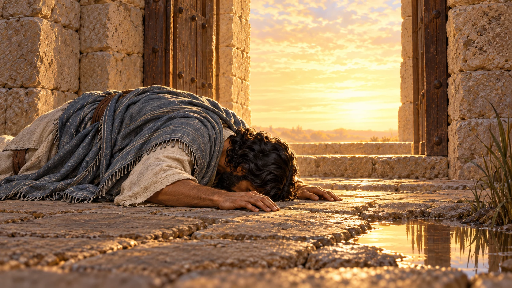 Ezekiel prostrate at a rough threshold; a separate faint reflection in shallow water recalls Kebar without depicting a new literal scene or bodily deity.