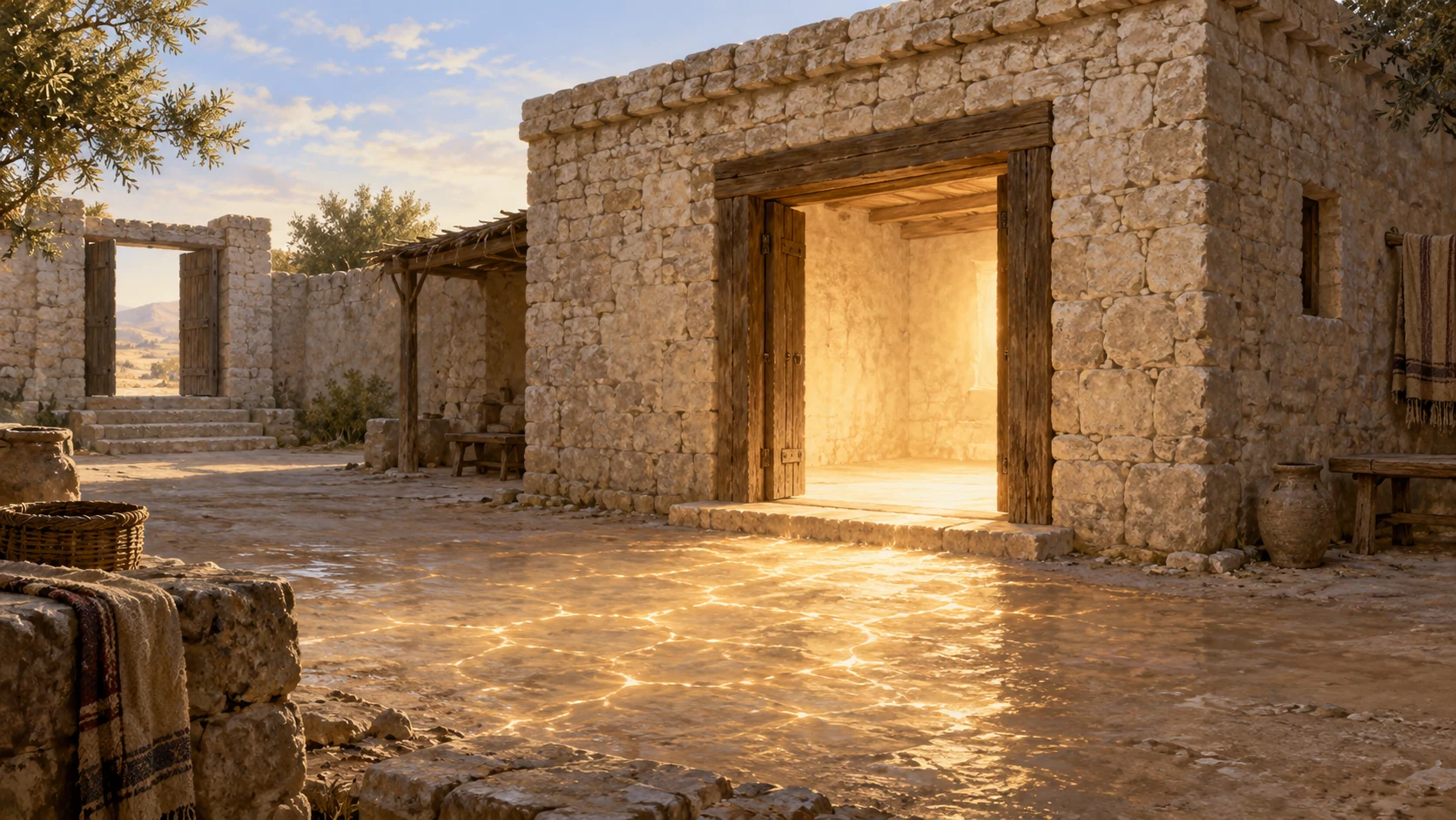 A broad warm non-figure luminous presence passes through the east gate toward the house, seen from behind the guide, no person-shaped light.