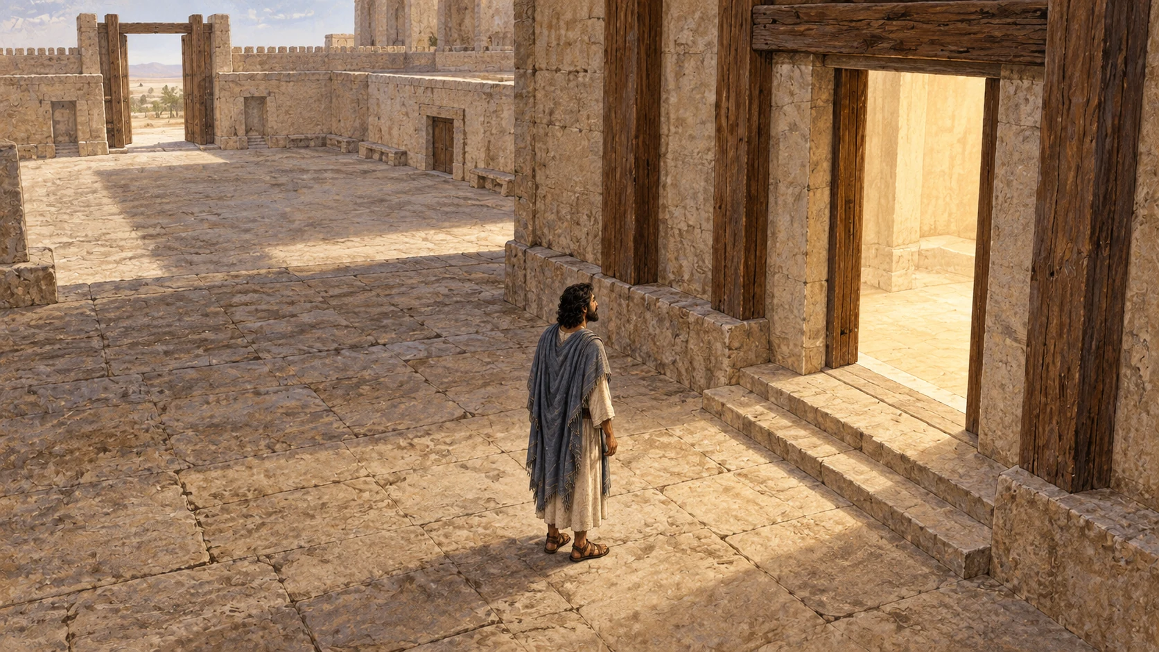 Ezekiel in the inner court amid a softly lit sanctuary, no ghost figure physically lifting him, no literal divine body.