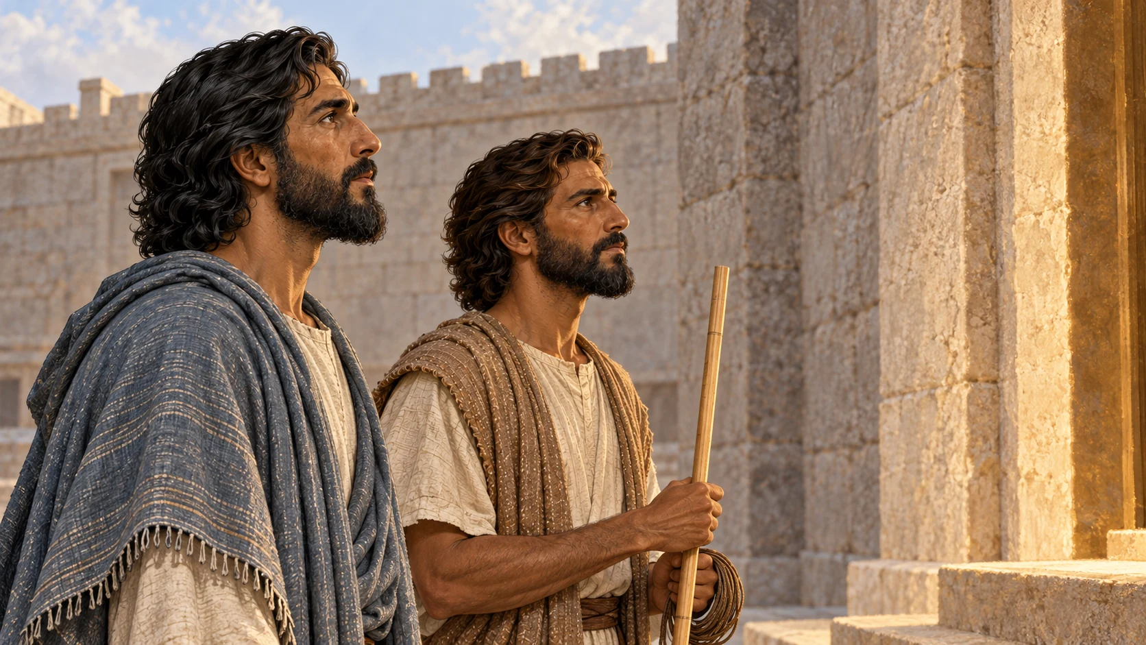 Quiet reverse viewpoint from behind Ezekiel and the guide side by side listening toward the house; no speaking body or visible deity.
