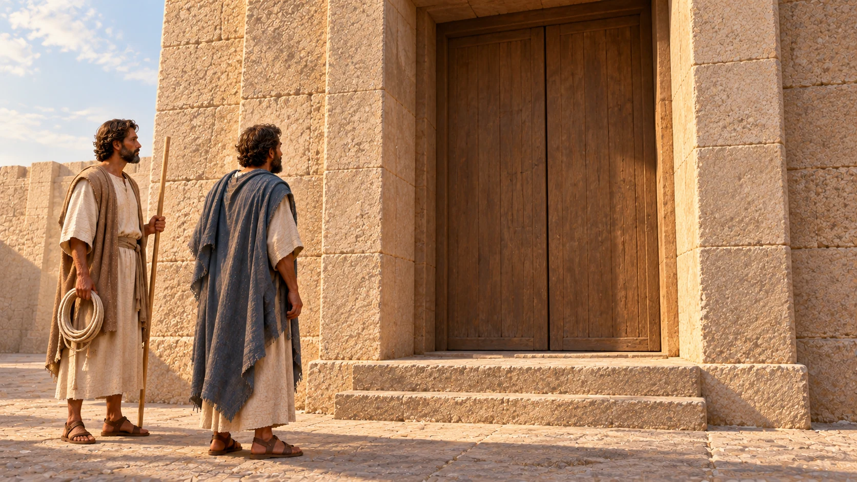 Ezekiel and the measuring guide stand before the plain shut east gate.