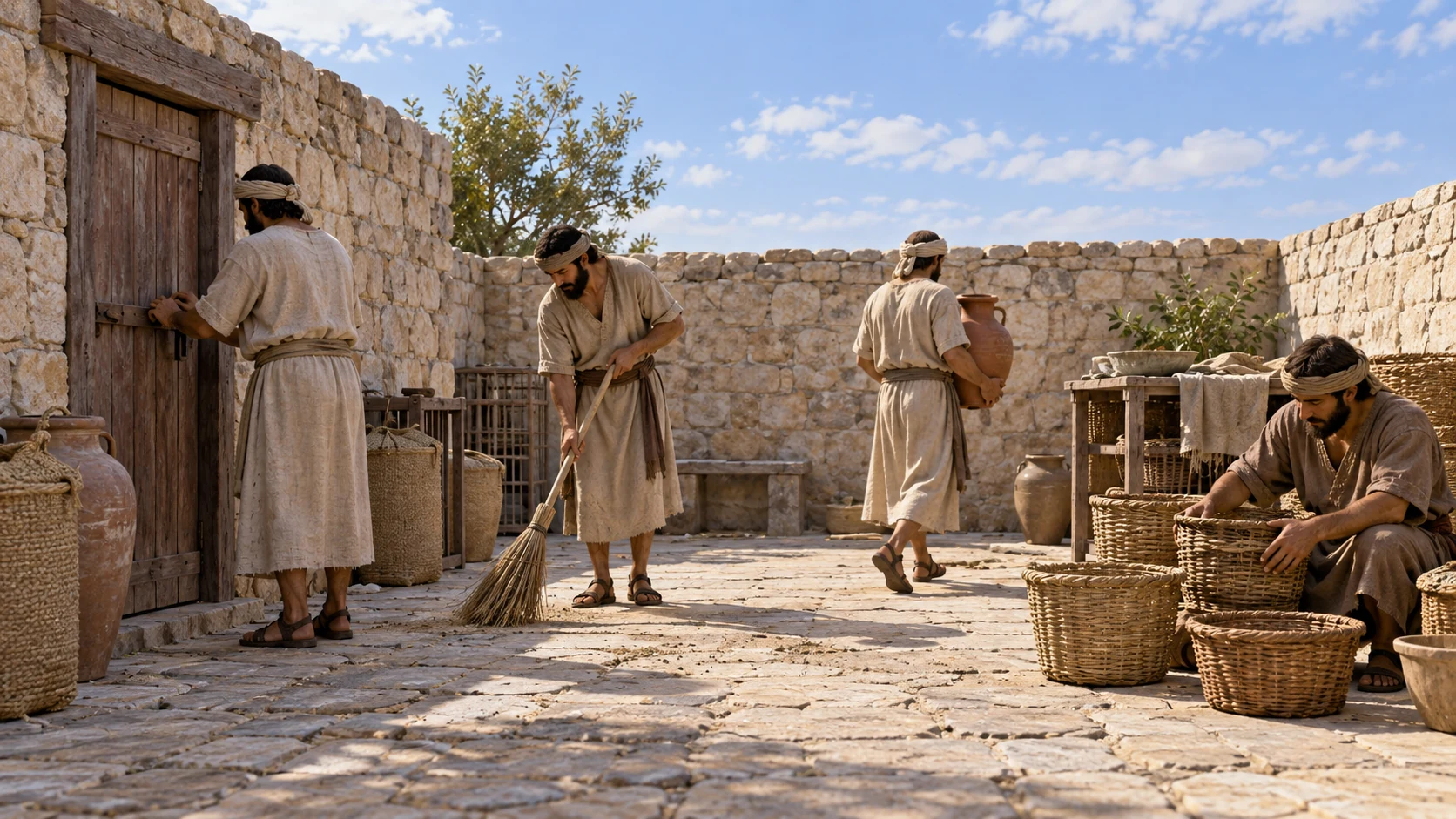 Levite attendants sweep, carry a jar, close a store door, and sort baskets in a low-walled service yard.